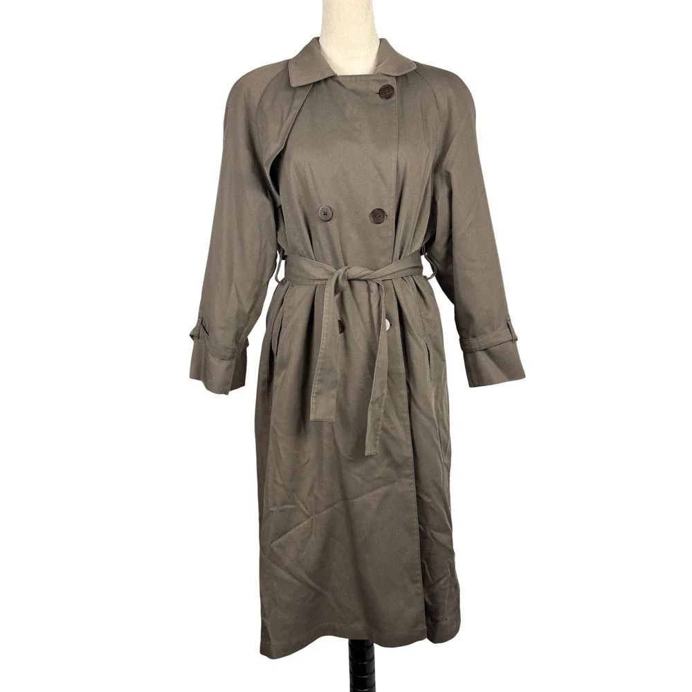London Fog Trench Coat Womens 8 Petite Double Breasted Belted Olive Green